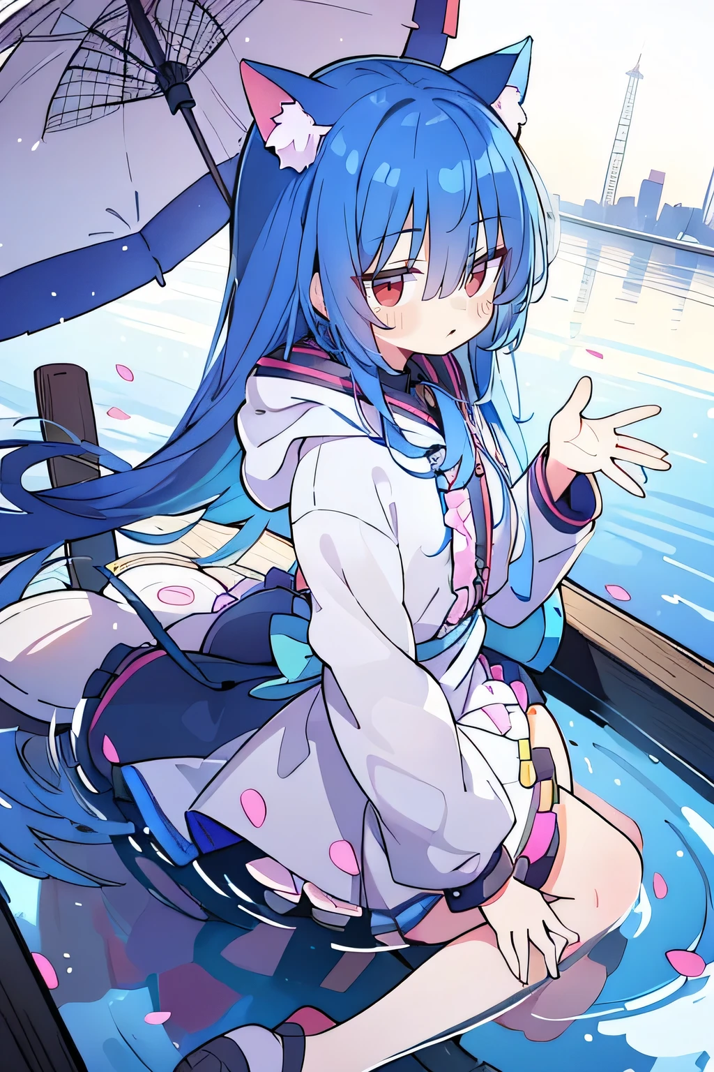 (masterpiece:1.2),Super detailed,lifelike,Expressive eyes,fair skin,perfect face shape,1 girl,
Japanese comics,Gorgeous blue hair,flowing blue hair,flowing clothes,Cat ears,Petals fall,beautiful lola,Baby Angel,
Shaking head with one hand,Cross your legs,Gentle and peaceful background,The pavilion is cool and comfortable,smile, wearing hoodie, background of tokyo,back views,snowing, winter,lie on the water.