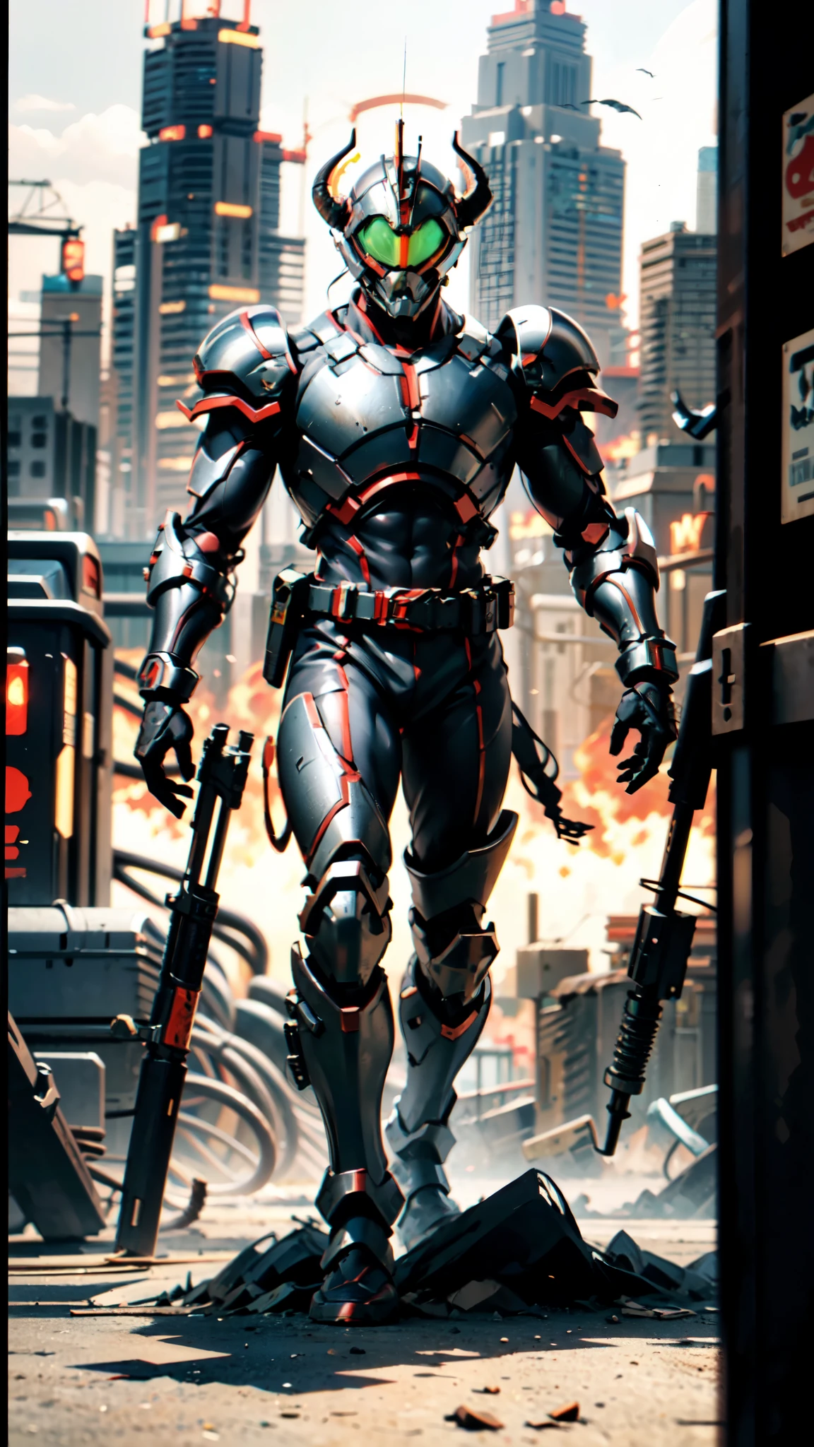 A man wearing a full-face helmet, a fantasy-style biotech armored combat suit, green eyes, (a composite layered chest armor), fully enclosed shoulder guards, matching arm and leg guards, the belt is adorned with 666 mark, (the color scheme is primarily red with yellow and white accents), the design balances heavy with agility, a high-tech bio-mecha armor, (Armor Concept Inspired by Demon, stand on the top of a skyscraper in a futuristic sci-fi city), this character embodies a finely crafted fantasy-surreal style armored hero in anime style, exquisite and mature manga art style, (battle damage, element, plasma, energy, the armor glows), ((male:1.5)), metallic, real texture material, dramatic, high definition, best quality, highres, ultra-detailed, ultra-fine painting, extremely delicate, professional, perfect body proportions, golden ratio, anatomically correct, symmetrical face, extremely detailed eyes and face, high quality eyes, creativity, RAW photo, UHD, 32k, Natural light, cinematic lighting, masterpiece-anatomy-perfect, masterpiece:1.5