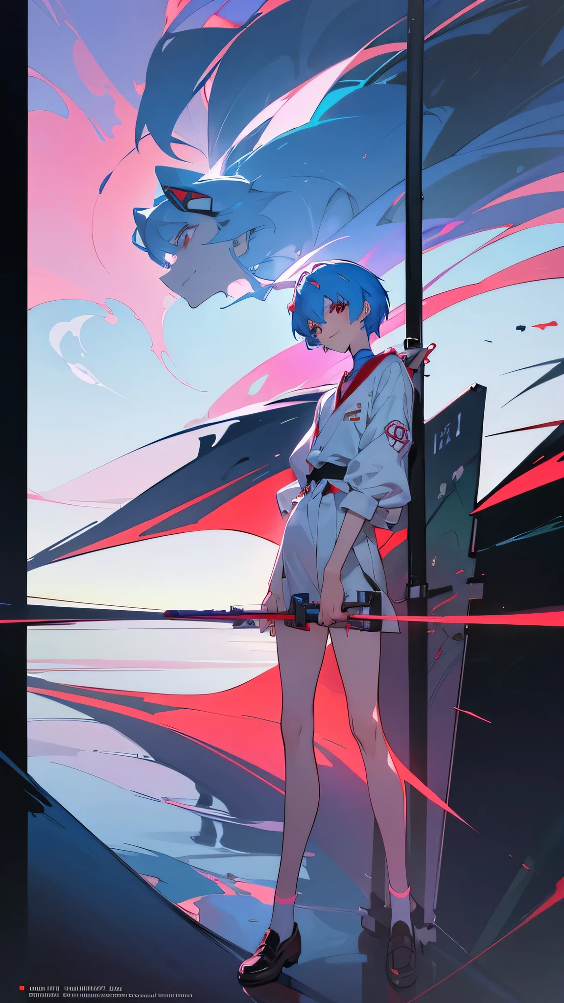 A masterpiece portrait of smiling Rei Ayanami (Evangelion), Evangelion (Hideaki), Caustics, High resolution illustrations, Red eyes, feminine, No students, Blue Hair,  short hair, Japanese , loafers, Spank, Synthwave, paint Splashs, Shaded flat illustration, Digital Art, Trending on Art Station, Very detailed, The finer details, Complex, Splash, Overtake, Vaporware, Neon color