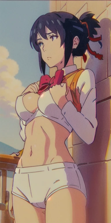 miyamizu_Mitsuha, Red bow tie,
jewelry, White Yoga Crop Top, White Yoga Tight Shorts, Place your hand on your chest,See through, View Viewer,  hair ornaments, choker, shy,
(masterpiece, highest quality, highest quality, Official Art, beautifully、aesthetic:1.2), (1 girl), Very detailed,  colorful, Most detailed,
(Huge breasts:1.2, Upper Body, From below,  Camel Toe,  ) White panties,
Chinese cities,street,  sun, cloud, wall, Tilt,
