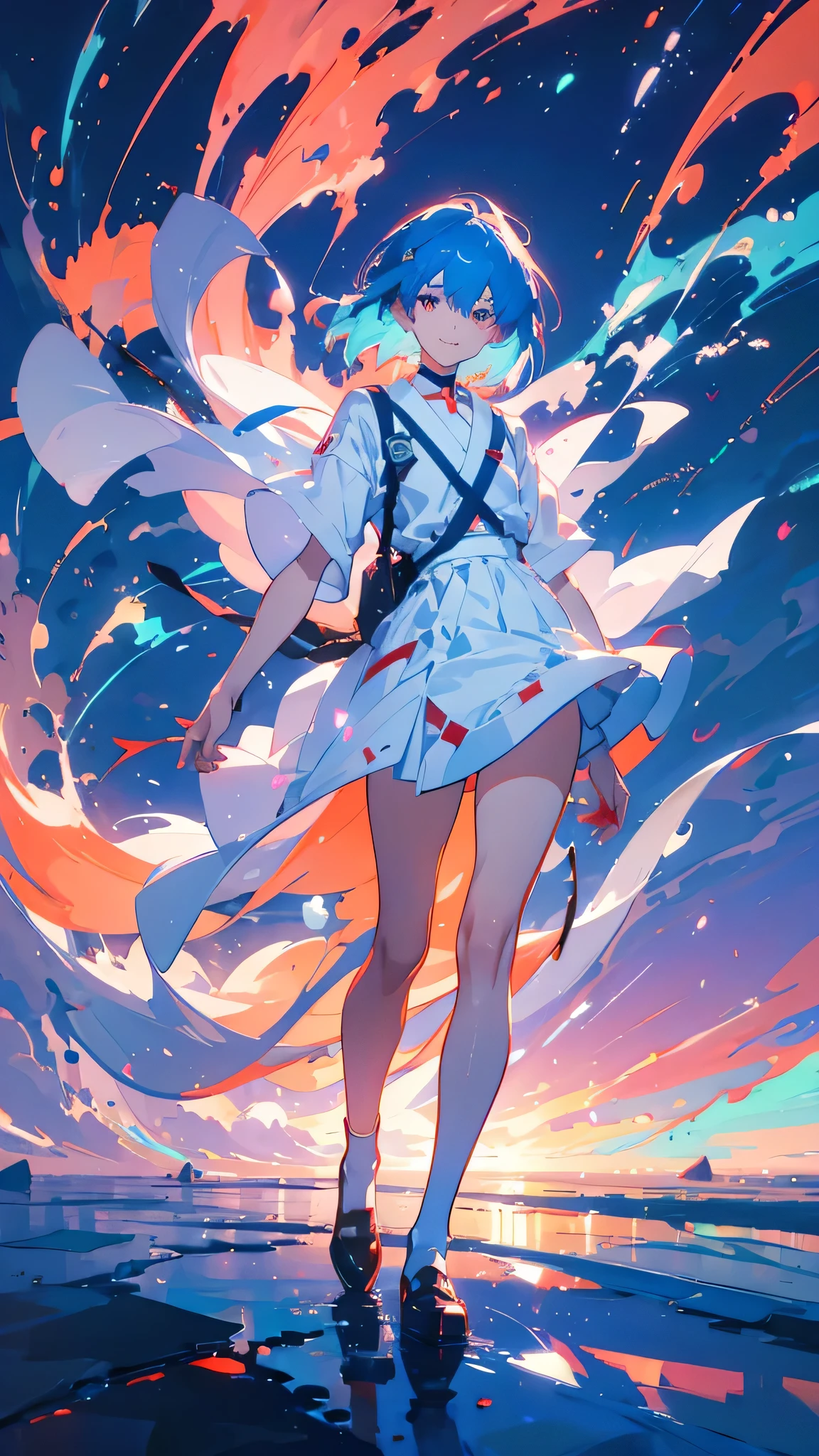 A masterpiece portrait of smiling Rei Ayanami (Evangelion), Evangelion (Hideaki), Caustics, High resolution illustrations, Red eyes, feminine, No students, Blue Hair, short hair, Japanese , loafers, Spank, Synthwave, paint Splashs, Shaded flat illustration, Digital Art, Trending on Art Station, Very detailed, The finer details, Complex, Splash, Overtake, Vaporware, Neon color