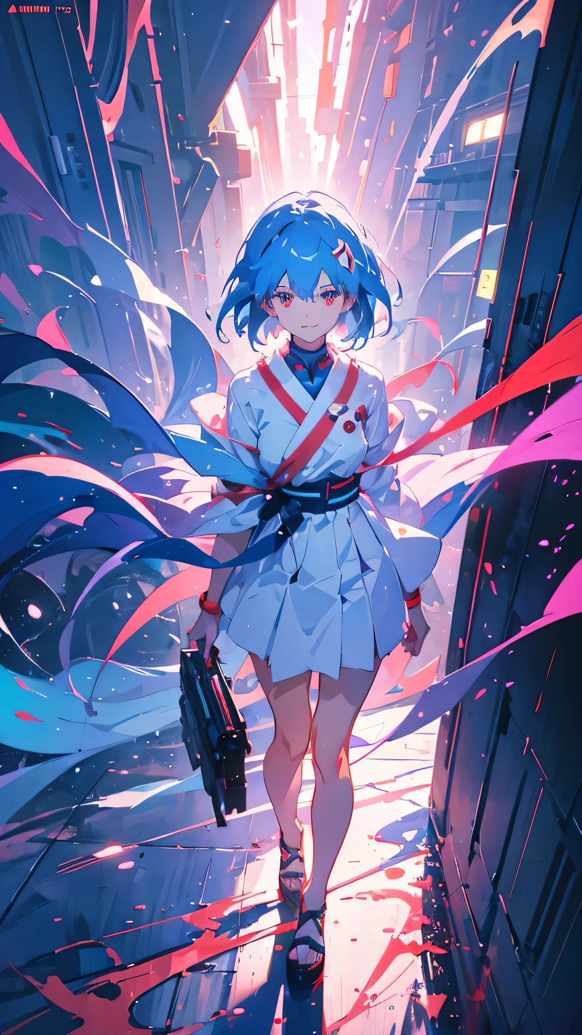 A masterpiece portrait of smiling Rei Ayanami (Evangelion), Evangelion (Hideaki), Caustics, High resolution illustrations, Red eyes, feminine, No students, Blue Hair,  short hair, Japanese , loafers, Spank, Synthwave, paint Splashs, Shaded flat illustration, Digital Art, Trending on Art Station, Very detailed, The finer details, Complex, Splash, Overtake, Vaporware, Neon color