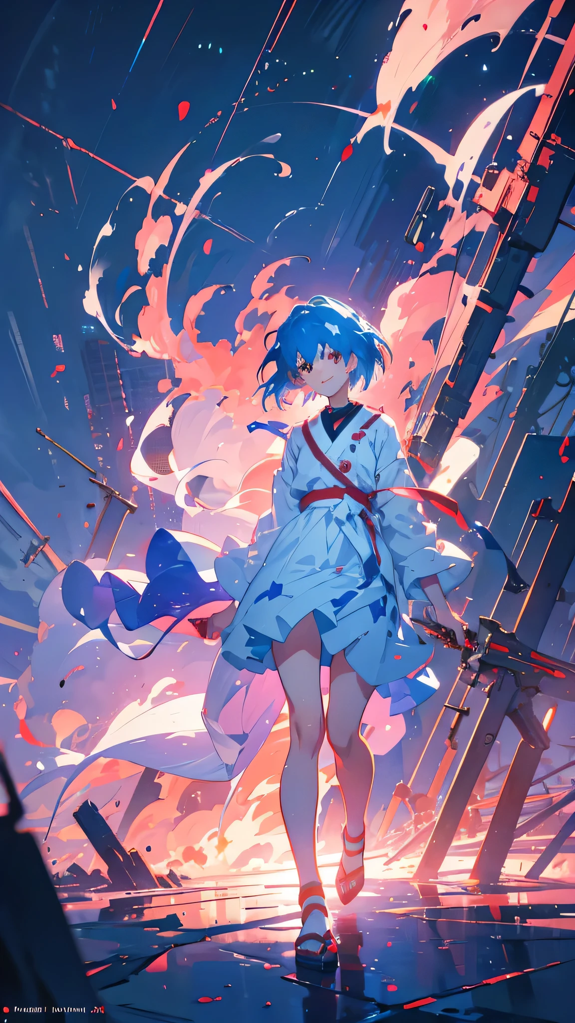 A masterpiece portrait of smiling Rei Ayanami (Evangelion), Evangelion (Hideaki), Caustics, High resolution illustrations, Red eyes, feminine, No students, Blue Hair,  short hair, Japanese , loafers, Spank, Synthwave, paint Splashs, Shaded flat illustration, Digital Art, Trending on Art Station, Very detailed, The finer details, Complex, Splash, Overtake, Vaporware, Neon color