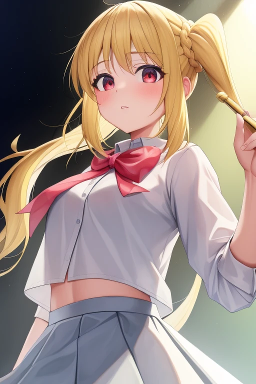 (masterpiece, highest quality:1.2), A girl with blonde hair and red eyes wearing a white shirt, Side Ponytail, Full Bang, Looks confused, on stage,
Super detaileded, highest quality, Expressive eyes, Perfect Face, super high quality, Super detailed,nsfw,lift up skirt