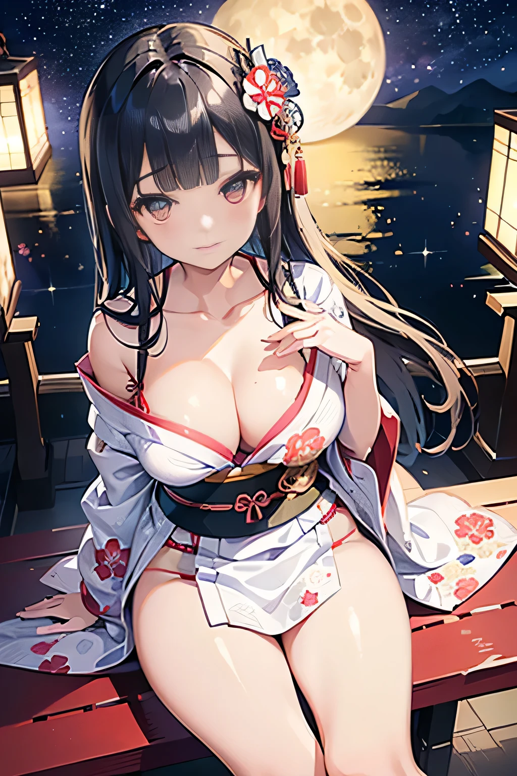 ((sexy cute mini kimono and elegant beautiful white laced panties)),
(high angle,from above,cleavage),♥(Japanese beautiful flower printed kimono,yukata),((1girl,cute,young,semi long beautiful black hair,blunt bangs,twin tales,beautiful eyes)),(solo),((masterpiece, highest resolution,best quality)), (beautiful illustration),(Japanese beautiful flower printed kimono,yukata),
(looking at the viewer), innocent smile,cinematic lighting,Japanese Festival,stall,fireworks,night sky,full moon,shooting star,