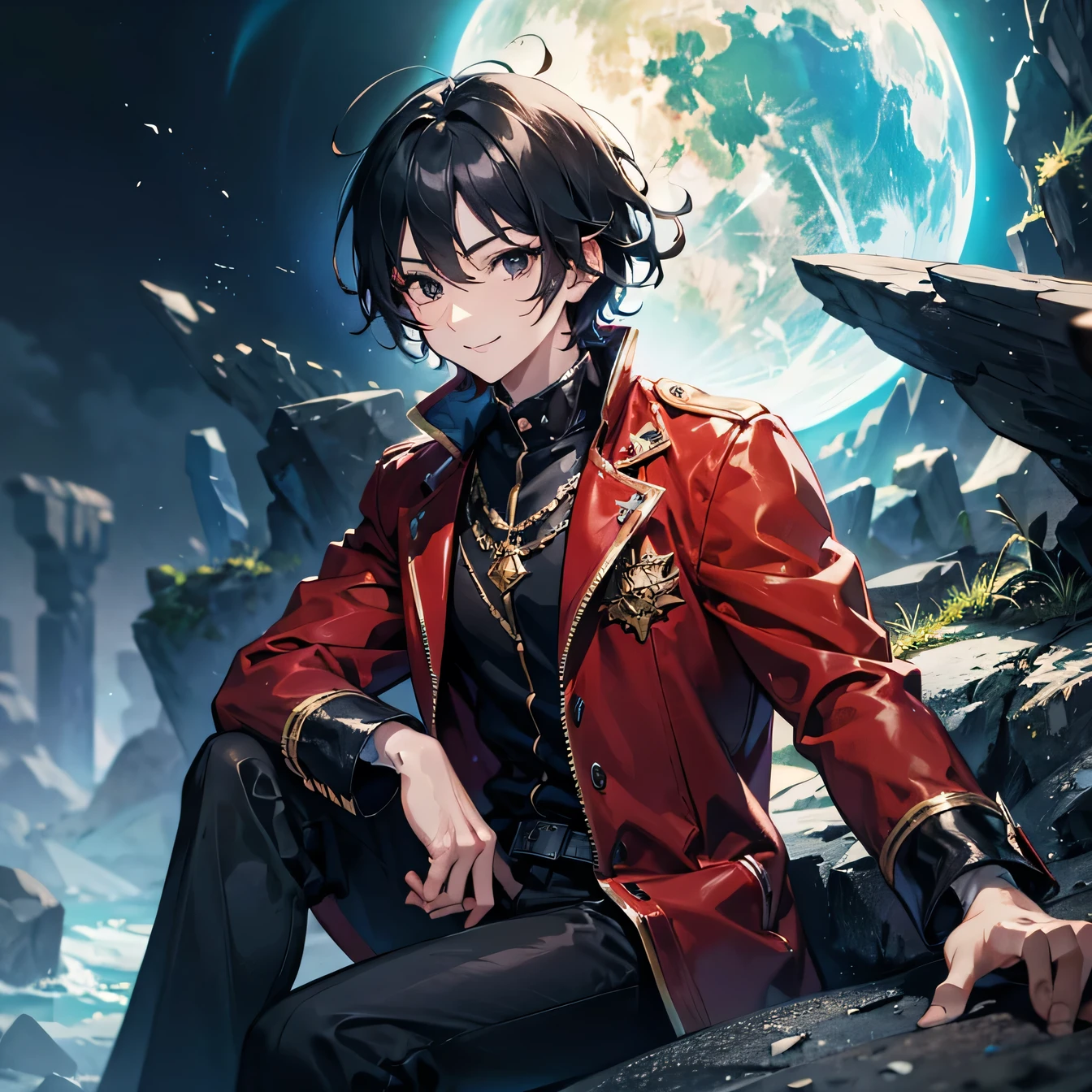 Anime art style,highest quality,High resolution,Anatomically correct,One Man,good looking,Twenty generations,Black Hair,Black Eyes,Super detailed,Fantasy worldview,Spiky Hair,Tun-tsun Hair,Focus on the upper body,Brave,Slender build,Red long coat,Silver Breastplate,Black trousers,smile,Sitting on a rock,8K