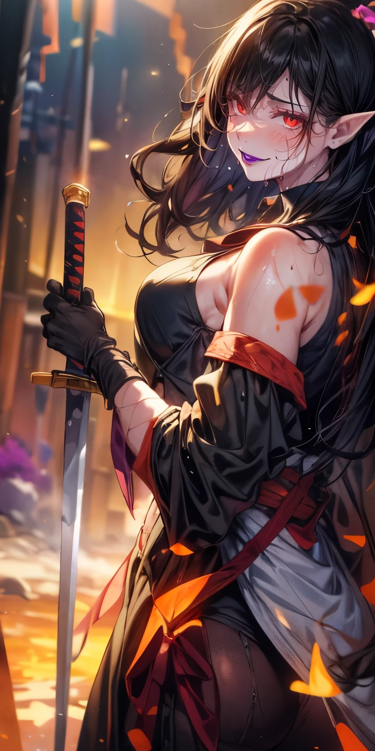 red eyes, pointy ears, long black hair, purple lipstick, makeup, pale skin, anatomically correct, bulge to ass, holding katana female focus, sword, holding, solo, wide_sleeves, 1girl, black_hair, holding_sword, bare_shoulders, detached_sleeves, looking_at_viewer, long_sleeves, standing, breasts, floating_hair, sunset, katana, cowboy_shot, cloud, midriff, medium_breasts, looking_back, back, "glow effects, godrays, Hand drawn, render, 8k, octane render, cinema 4d, blender, dark, atmospheric 4k ultra detailed, cinematic, Sharp focus, big depth of field, Masterpiece, colors, 3d octane render, 4k, concept art, trending on artstation, hyperrealistic, Vivid colors, extremely detailed CG unity 8k wallpaper, trending on CGSociety, Intricate, High Detail, dramatic", anime coloring, anime screencap, sweating, steaming body, fog, hollow eyes, facing viewer, smirk, upper teeth, purple lips, red eyes, sweating, wet, looking at viewer, glowing eyes, wet, sweating