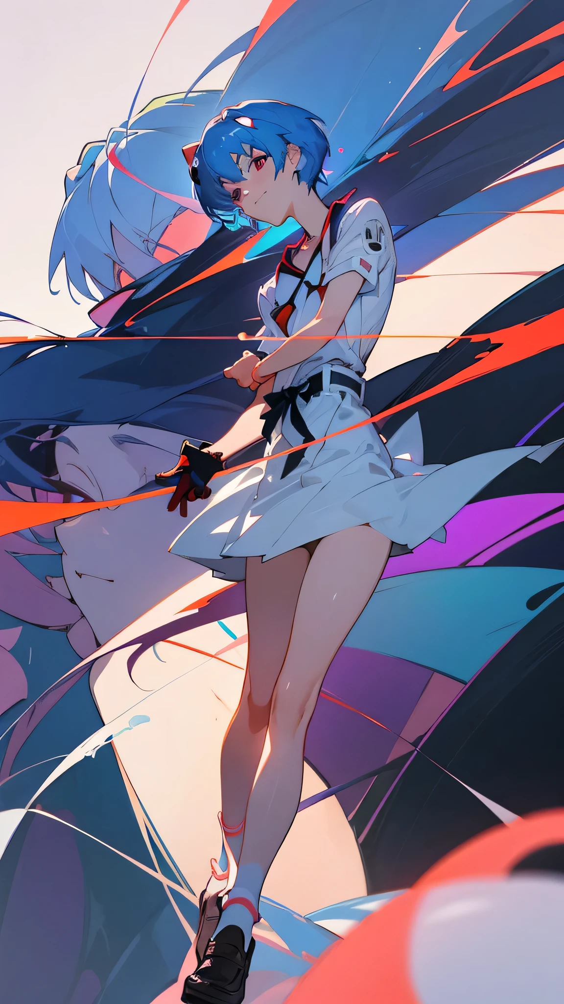 A masterpiece portrait of smiling Rei Ayanami (Evangelion), Evangelion (Hideaki), Caustics, High resolution illustrations, Red eyes, feminine, No students, Blue Hair,  short hair, Japanese , loafers, Spank, Synthwave, paint Splashs, Shaded flat illustration, Digital Art, Trending on Art Station, Very detailed, The finer details, Complex, Splash, Overtake, Vaporware, Neon color