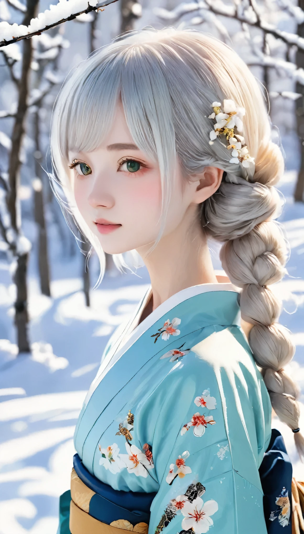 (kimono)、Japanese clothing、(highest quality,masterpiece:1.3,超A high resolution,),(Very detailed,Caustics),(Realistic:1.4,RAW shooting,)Ultra-Realistic Capture,Very detailed,High resolution 16K suitable for human skin、Hime cut hair:1.5, Natural skin texture、、Skin tone is even and healthy looking、 Use natural light and color,One Woman,Japanese,,cute,Beautiful silky silver hair,Hime cut hair,(Written boundary depth、chromatic aberration、Wide lighting range、Natural Shading、)、(Hair swaying in the wind:1.3)、(Snow reflects light:1.3), uniform