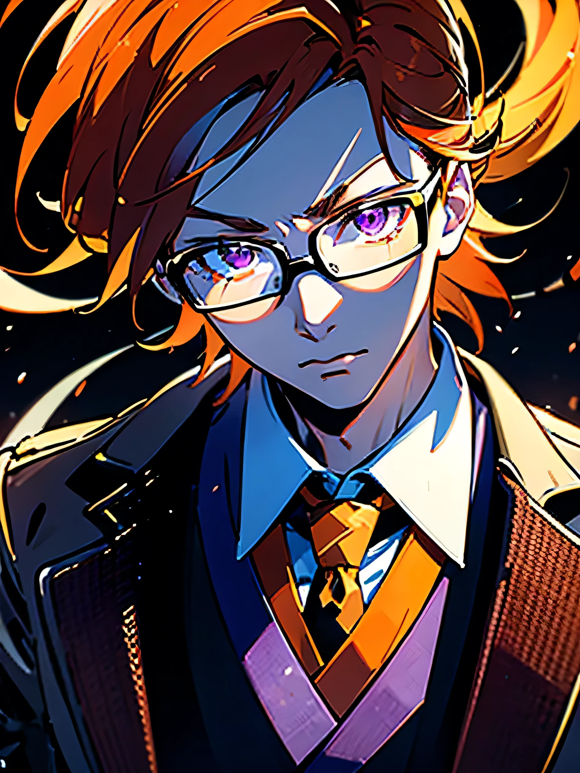 Original, (masterpiece), (high quality), (illustration), 20 year old male character, orange hair, purple eyes with glasses, orange, white and black jacket, expressionless , cool handsome face, classic town background, emotional lighting in the dark, perspective angle 1:3