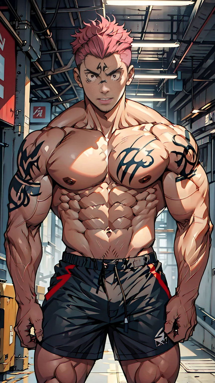 best quality, masterpiece, expressiexistless, Ultra-high resolution, Detailed background, man, Solitary, texisted male, short hair, Sukuna a man with pink hair and shirtless, Tattoo_both sides, Tattoo_exist_his_Face, Face to viewer,(A corner of the photo from bottom to top) (Highest quality images) Lion Man ,real, young, , Wearing shorts, Crotch protrusion, Anime Character, Station exists on the ground, Legs open, Male Face, bonito rosto young, Undercut Hair, Huge chest muscles, Thigh muscular, Biceps tendon, Huge body, Toned body due to intense training, muscular, 8-pack clear ABS, 3 meters high, Topless, , Glowing skin, Dihan.com, Put your hands on exist's thighs, barefoot, No beard