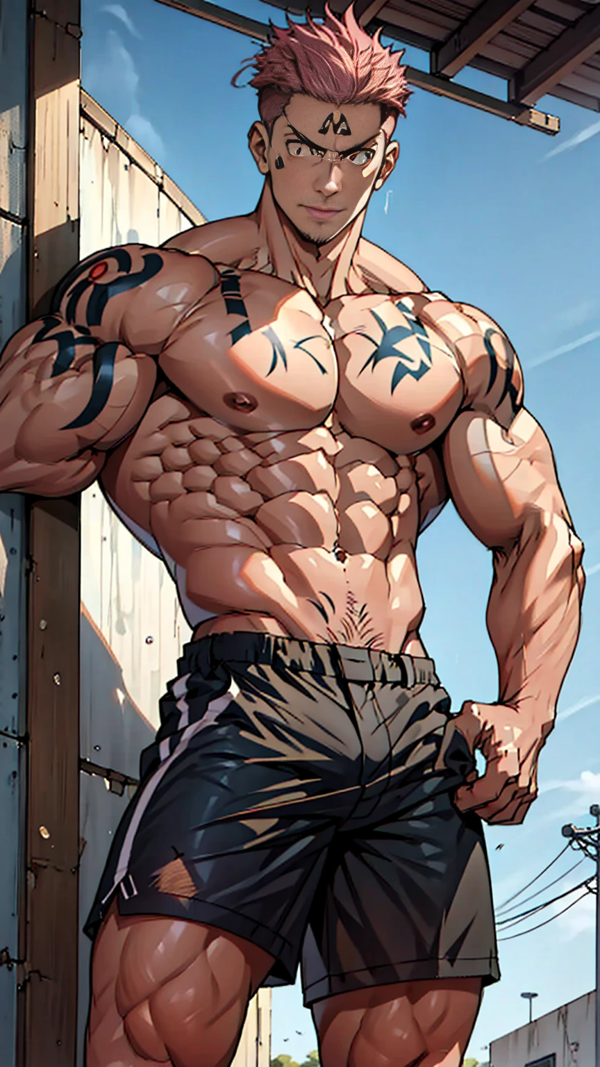 best quality, masterpiece, expressiexistless, Ultra-high resolution, Detailed background, man, Solitary, texisted male, short hair, Sukuna a man with pink hair and shirtless, Tattoo_both sides, Tattoo_exist_his_Face, Face to viewer,(A corner of the photo from bottom to top) (Highest quality images) Lion Man ,real, young, , Wearing shorts, Crotch protrusion, Anime Character, Station exists on the ground, Legs open, Male Face, bonito rosto young, Undercut Hair, Huge chest muscles, Thigh muscular, Biceps tendon, Huge body, Toned body due to intense training, muscular, 8-pack clear ABS, 3 meters high, Topless, , Glowing skin, Dihan.com, Put your hands on exist's thighs, barefoot, No beard