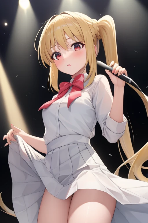 (masterpiece, highest quality:1.2), A girl with blonde hair and red eyes wearing a white shirt, Side Ponytail, Full Bang, Looks confused, on stage,
Super detaileded, highest quality, Expressive eyes, Perfect Face, super high quality, Super detailed,nsfw,skirt lift