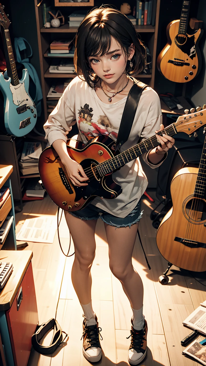 mouth, One girl, alone, In a messy room, guitar,smile