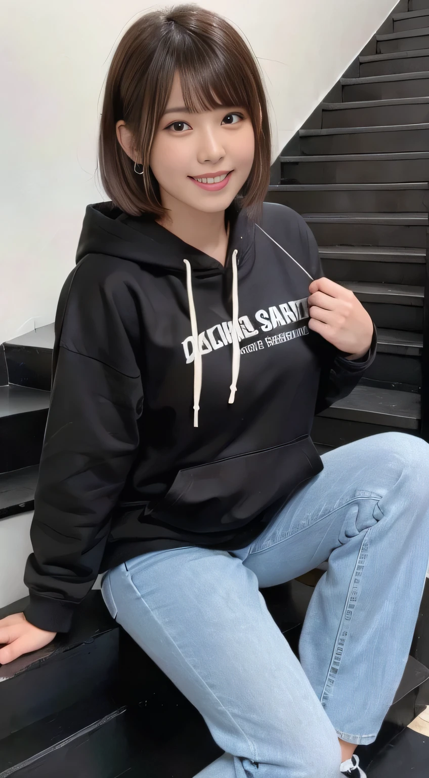 highest quality, Realistic, Very detailed, Finer details, High resolution, 8k wallpaper, One beautiful woman,Sit on the stairs、（Wear black socks）smile、（Beautiful teeth alignment、）（Gums are visible） Oversized hoodie, Skinny jeans,（ Black sneakers）、Black Hair、 Beautiful Bangs、ear piercing、Perfect dynamic composition, Beautiful and detailed, Full Body Shot, A big smile brown hair