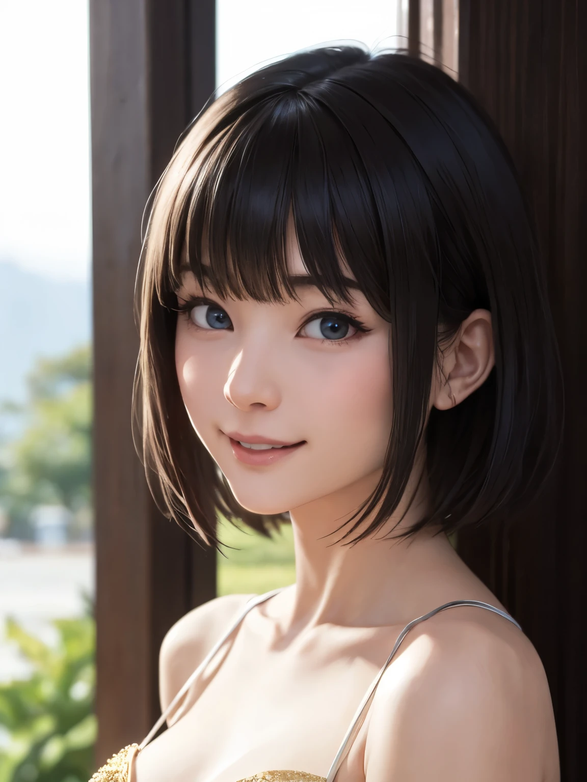 1 girl、highest quality、Realistic、alone、Written boundary depth、Natural soft light、Daytime、charm、Beautiful Face、Cleanliness、Pure Face、White skin、cute、short hair、prohibit、Beach、Light of the sun、Nedium Breast Body Esbian、((セーターを着たBeautiful Faceの黄金比 対称性のあるBeautiful Face))、Long neck、Listen carefully、prohibitのあるきれいな短いボブヘア、Laugh with your mouth closed、Perfect hands指、Perfect hands、Perfect body、Perfect Face、Shine a light into your eyes、Perfect Anatomy:1.4、とてもcuteスーパーモデル:1.4、{Huge|big|Hugeな|Mega} chest:2, chestの谷間:2