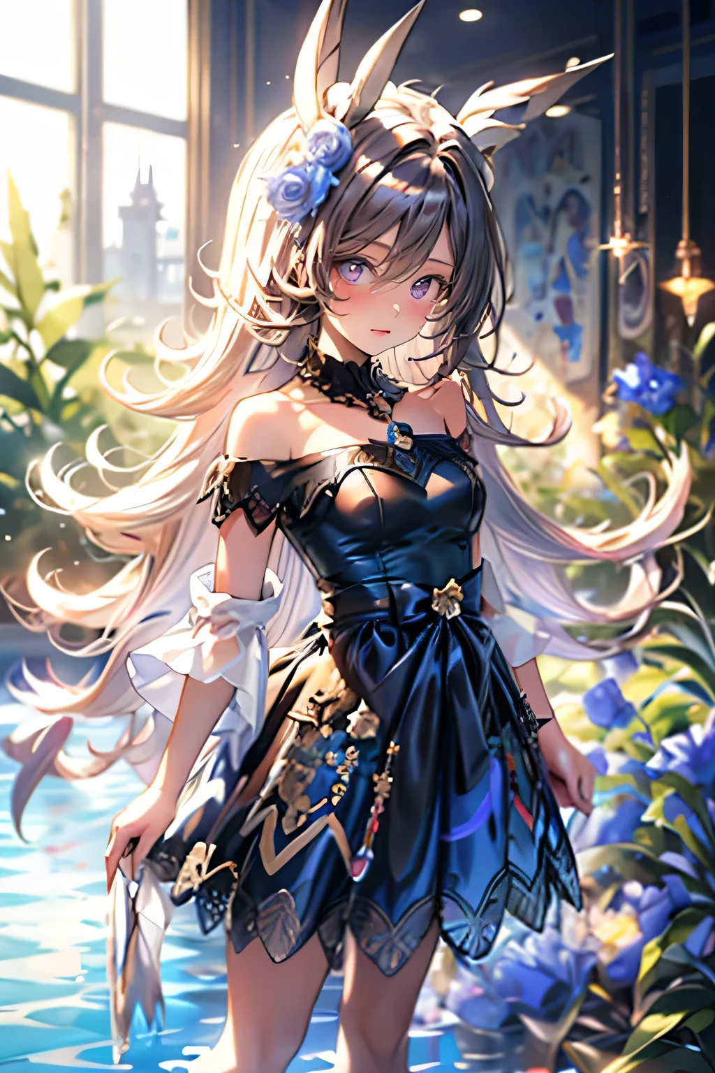 masterpiece:1.2, highest quality, 16k, realistic, photorealistic:1.37, unbelievably absurd, very detailed:1.2, perfect beauty, irises, pond, gently rain, beautiful cute girl, flowy jet black long straight hair, blunt bangs, blushed cheek,middle breasts, irises tattoos, standing with beautiful posing, vibrant colors, background bokeh, looking up,