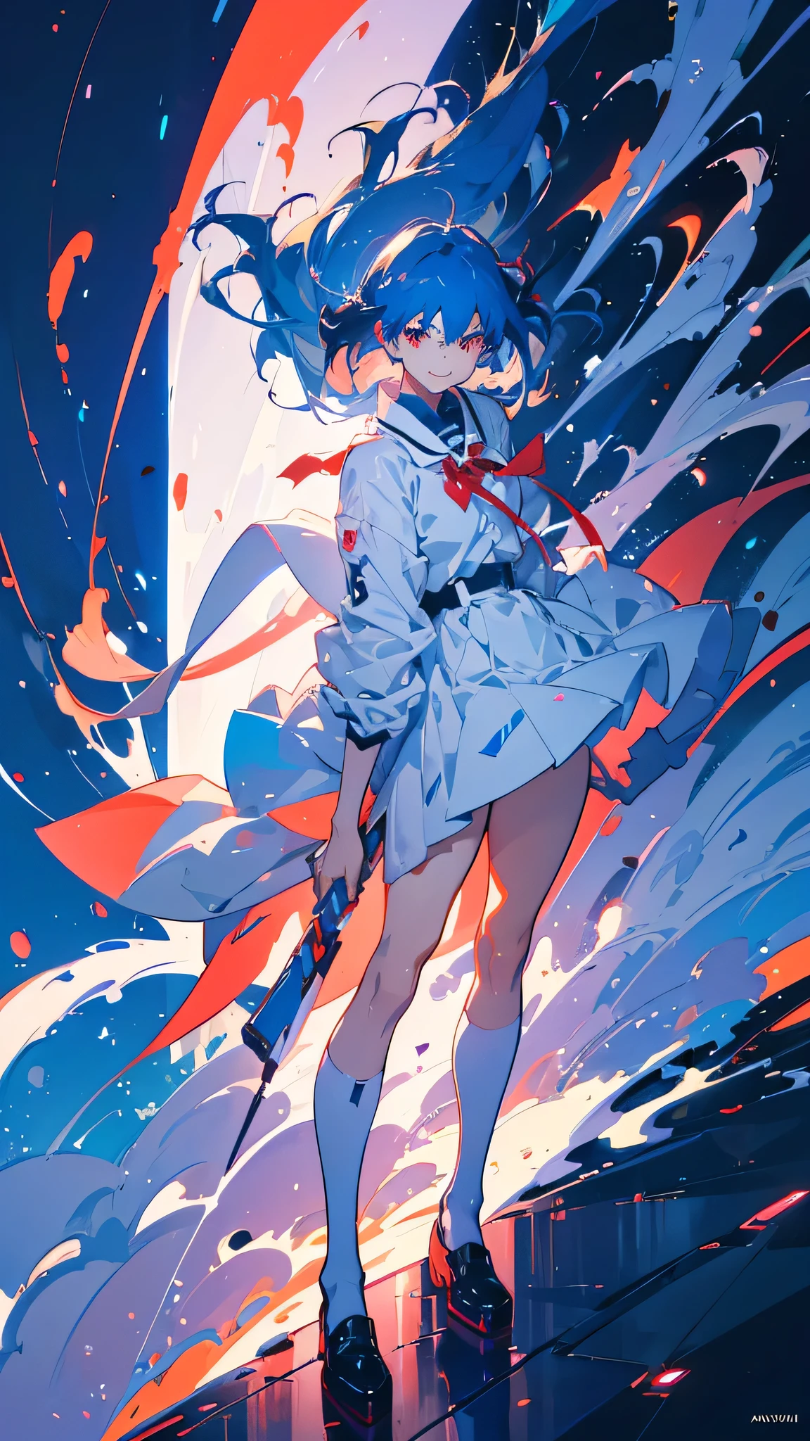 A masterpiece portrait of smiling Rei Ayanami (Evangelion), Evangelion (Hideaki), Caustics, High resolution illustrations, Red eyes, feminine, No students, Blue Hair,  short hair, Japanese , loafers, Spank, Synthwave, paint Splashs, Shaded flat illustration, Digital Art, Trending on Art Station, Very detailed, The finer details, Complex, Splash, Overtake, Vaporware, Neon color