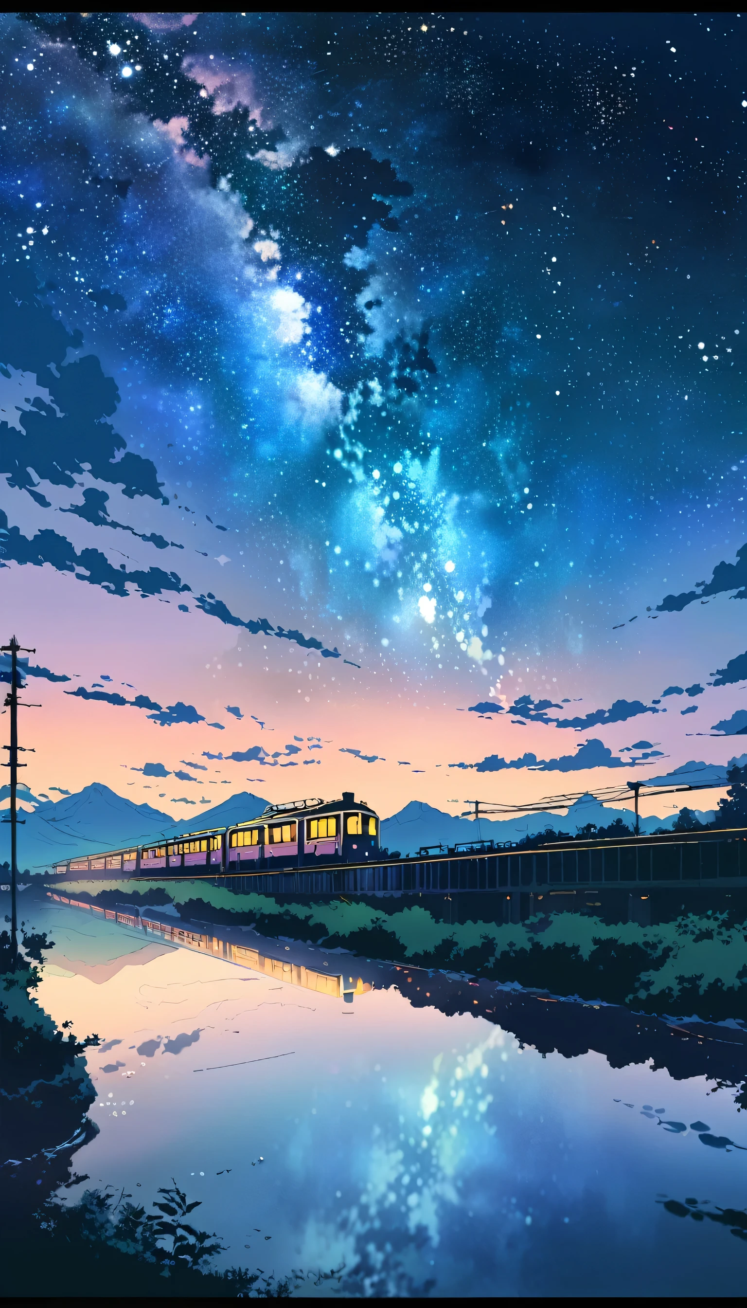 masterpiece, Animated train passing through water on the tracks, Bright starry sky. Romantic Train, Makoto Shinkai's picture, Pixiv, Concept Art, Lofi Art style, reflection. by makoto shinkai, Lofi Art, Beautiful anime scene, Anime scenery, Detailed Landscape — Width 672, in Makoto Shinkai's Style, Makoto Shinkai's Style, Enhanced Details.