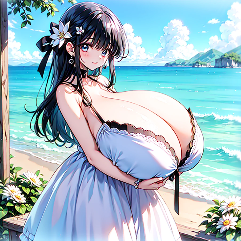 an anime style painting of a woman with very large breasts holding baskets, 1girl, breasts, solo, flower, black hair, underwear, blue eyes, outdoors, hair ornament, long hair, bra, looking at viewer, huge breasts, gigantic breasts, bangs, cleavage, jewelry, shiny, earrings,see-through dress