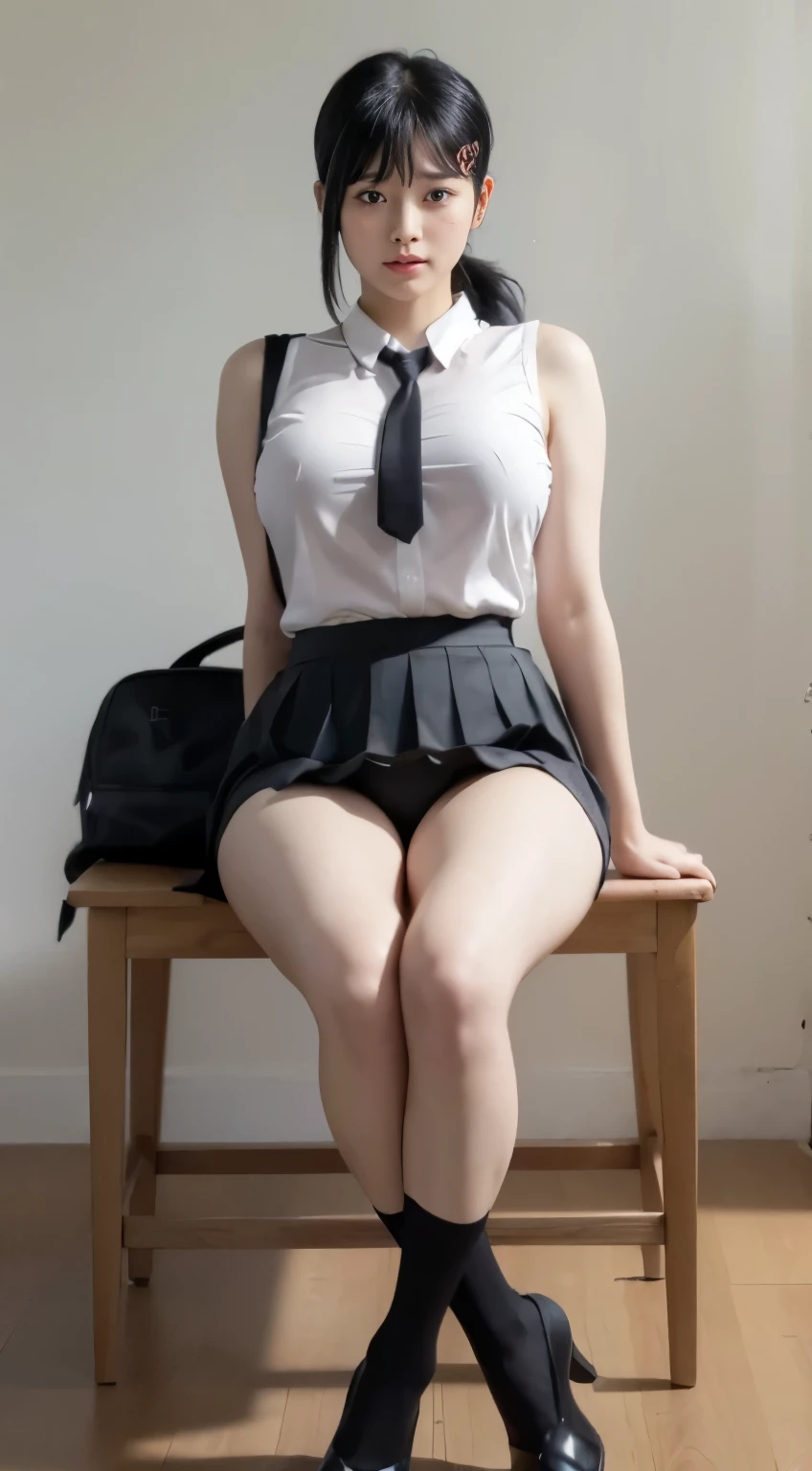 Highest quality、Ultra-high resolution、Professional Lighting、Detailed Background、In the classroom、full body,Kobeni-chan、A sloppy smile、25-year-old woman、beautiful girl、(Kobeni-chan、Jet black hair, Black Hair, bangs, One-sided hair,)、(Red Hair Clip:1.1)、(White sleeveless shirt:1.2)+(Black tie:1.2)+(Grey pleated skirt:1.2)、Black tights、(Huge breasts that look like they might burst:1.2)、(Big thighs:1.1)、Troubled face、Confused Eyes、Sitting on a desk、(Open your crotch to show your underwear:1.5)、(A woman spreading her legs to show her shorts)、Facing forward、