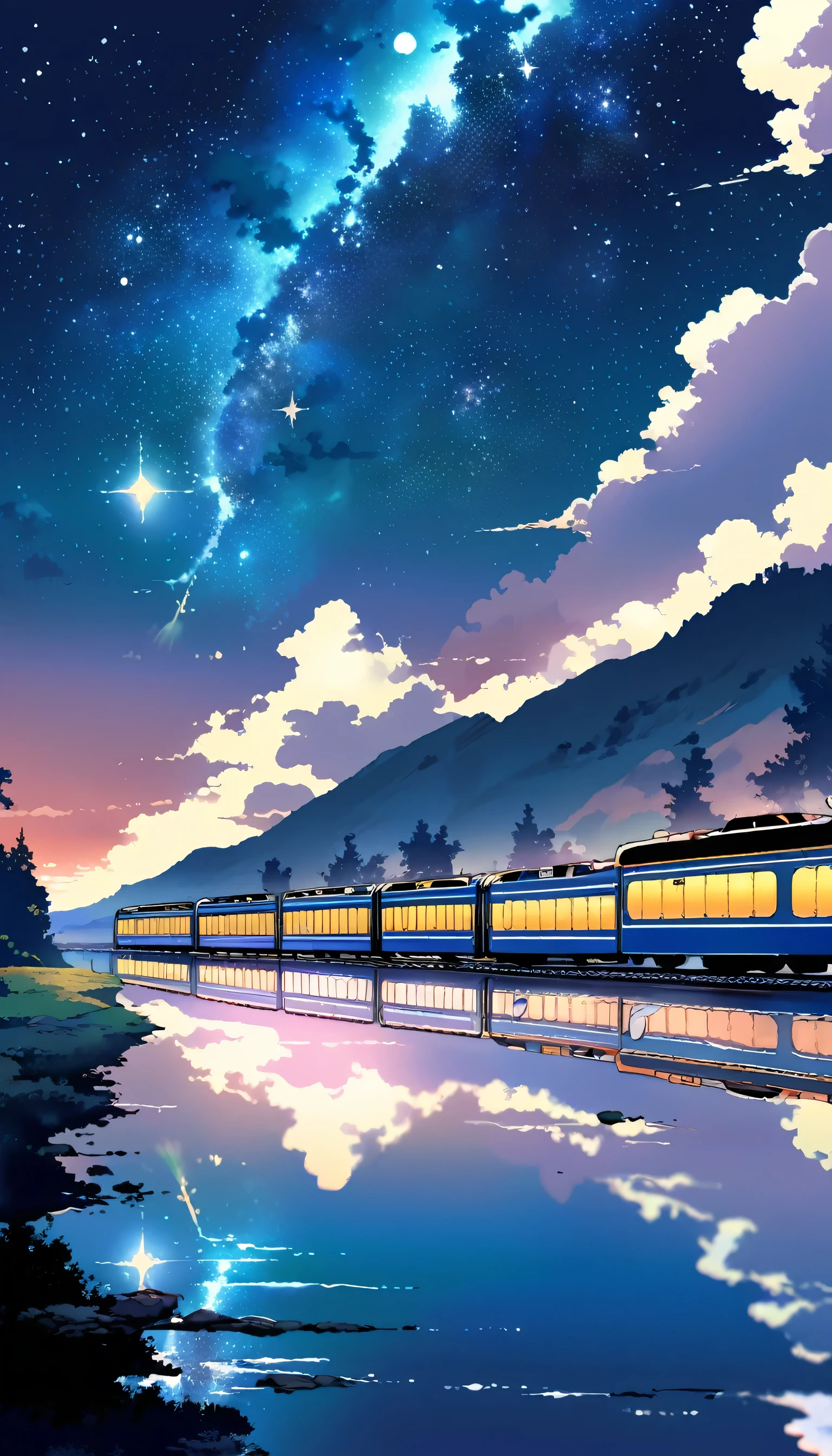 masterpiece, Animated train passing through water on the tracks, Bright starry sky. Romantic Train, Makoto Shinkai's picture, Pixiv, Concept Art, Lofi Art style, reflection. by makoto shinkai, Lofi Art, Beautiful anime scene, Anime scenery, Detailed Landscape — Width 672, in Makoto Shinkai's Style, Makoto Shinkai's Style, Enhanced Details.