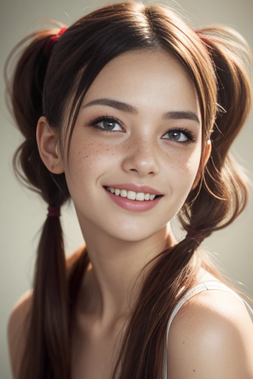 beautiful lady, (freckles), big smile, ruby eyes, pigtails hair, dark makeup, hyperdetailed photography, soft light, head and shoulders portrait, cover