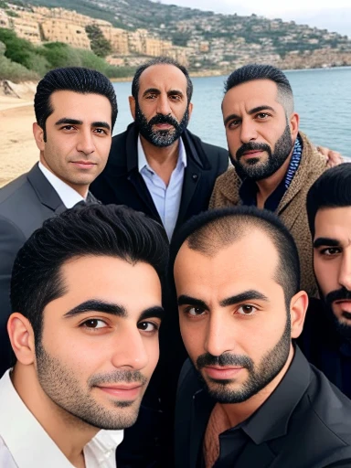 group of gathered Lebanese men powerful, focus on face.