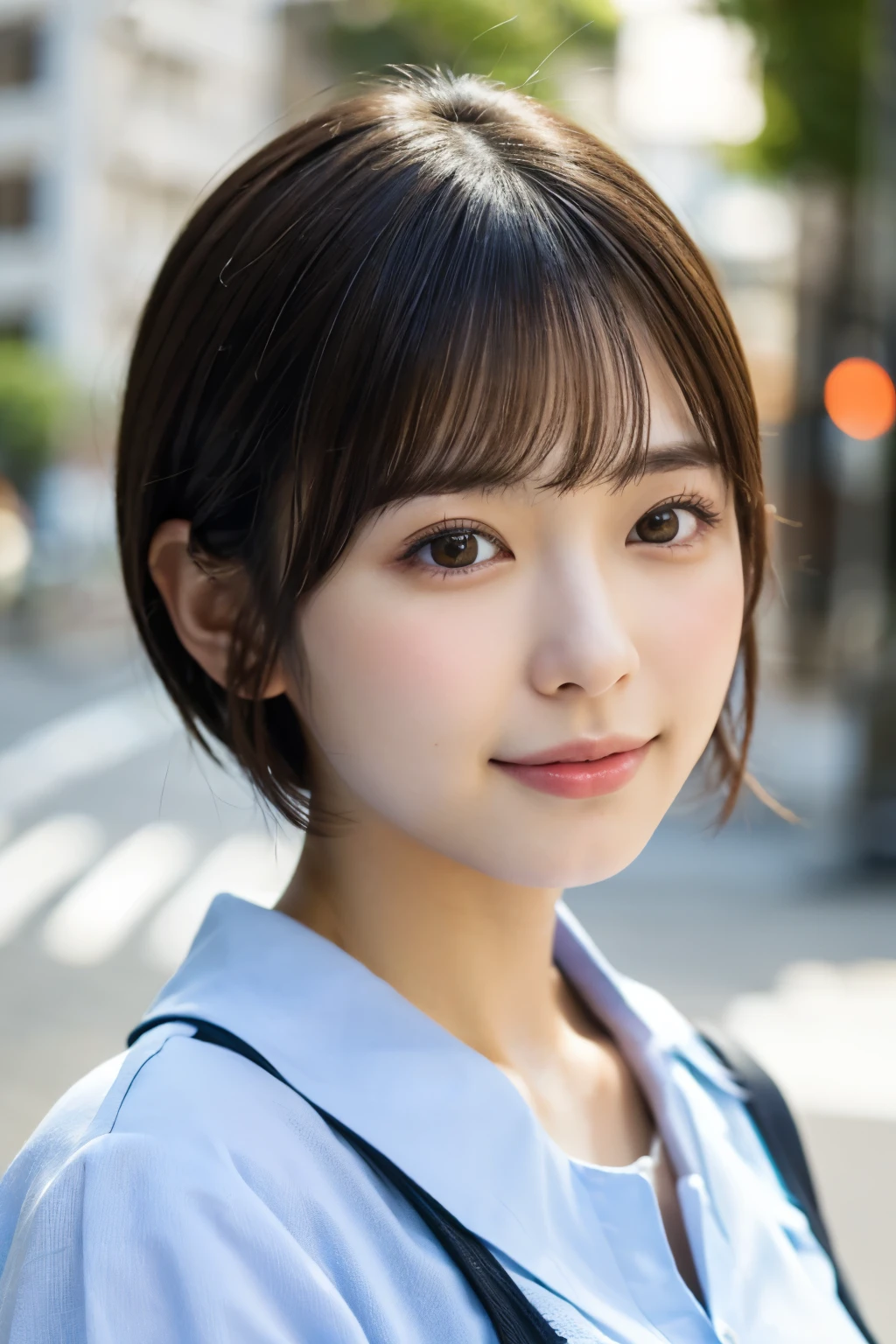 ((Photoreal)), 8K full-length portrait, (Beautiful woman), (Japanese woman), (detailed face), attractive look, Clear system, 18-year-old, Tokyo city, summer, for the background, short hair, 