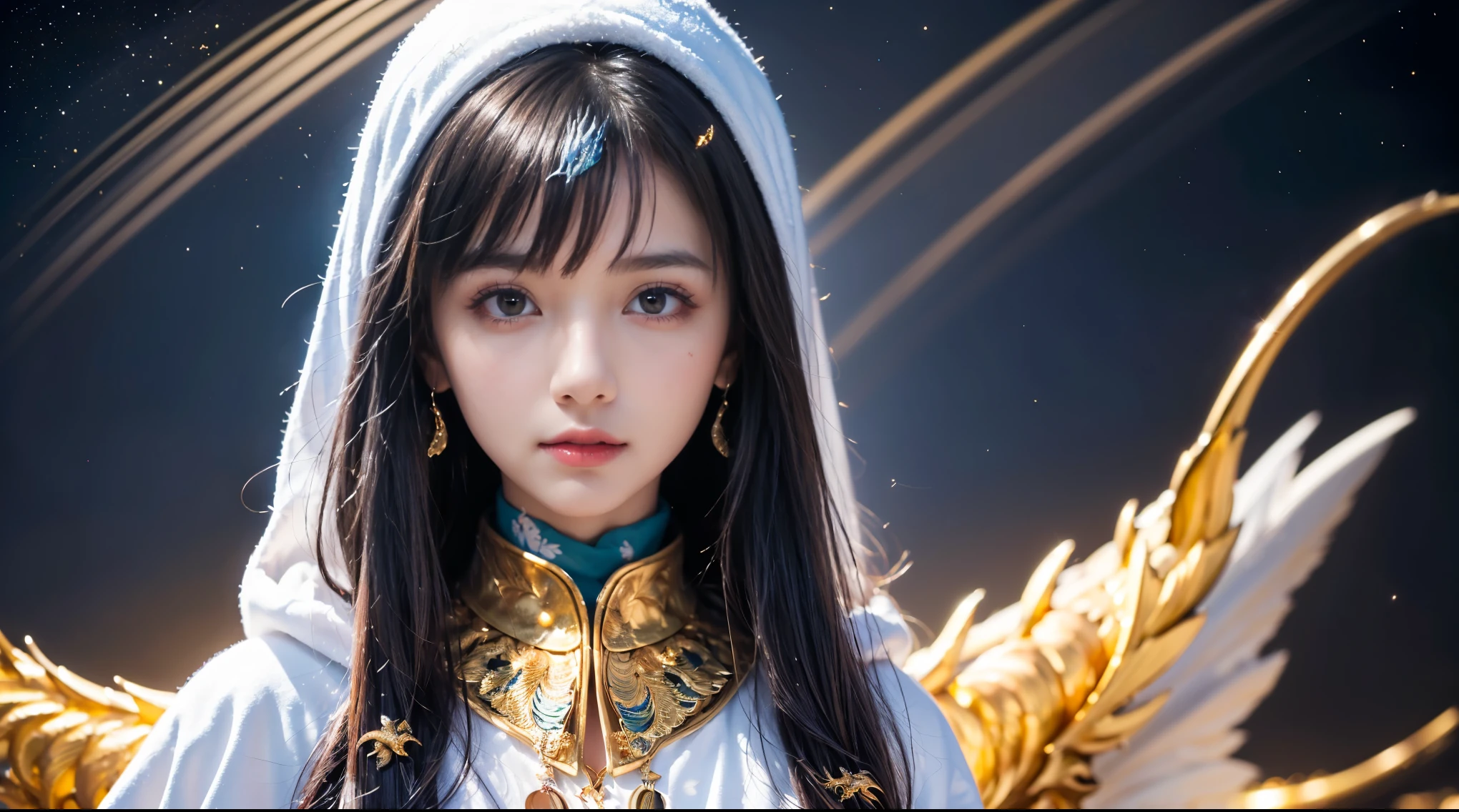 (masterpiece, highest quality, highest quality, Official Art, beautifully、aesthetic:1.2), (One girl), Highly detailed eyes, (Fractal Art:1.3), colorful, Most detailed, (Perfect Face), Shiny skin, High resolution, (White cloak, golden lines:1.2), Milky Way, (Streaks of Light), Impressive visuals, (Dynamic stripes, Light trail:1.2), Vibrant colors, (Phoenix), (Dragon)