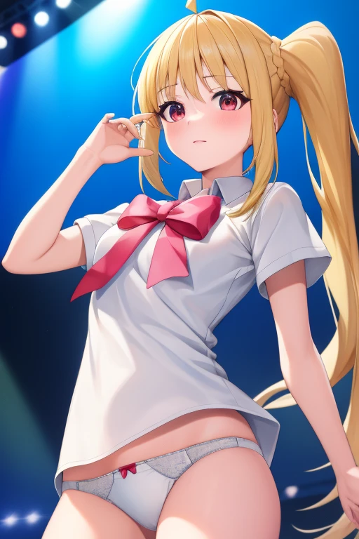 (masterpiece, highest quality:1.2), A girl with blonde hair and red eyes wearing a white shirt, Side Ponytail, Full Bang, Looks confused, on stage,
Super detaileded, highest quality, Expressive eyes, Perfect Face, super high quality, Super detailed,nsfw,showing off panties