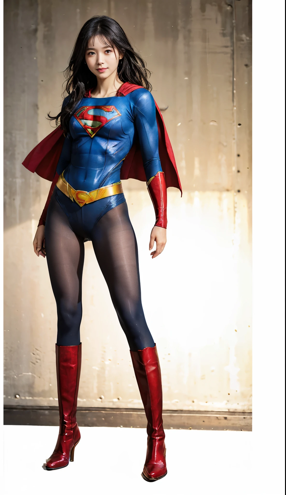 No background、(((Beautiful legs in black tights.)))、(((Legally express the beauty of your smile)))、((((Make the most of your original images)))、(((Supergirl Costume)))、(((Beautiful Hair)))、(((suffering)))、(((Please wear black tights....、Wear red boots)))、((Best image quality、8k))、((highest quality、8k、masterpiece:1.3))、(((Preserve background )))、Sharp focus:1.2、Beautiful woman with perfect figure:1.4、Slim Abs:1.2、Wet body:1.5、Highly detailed face and skin texture、8k
