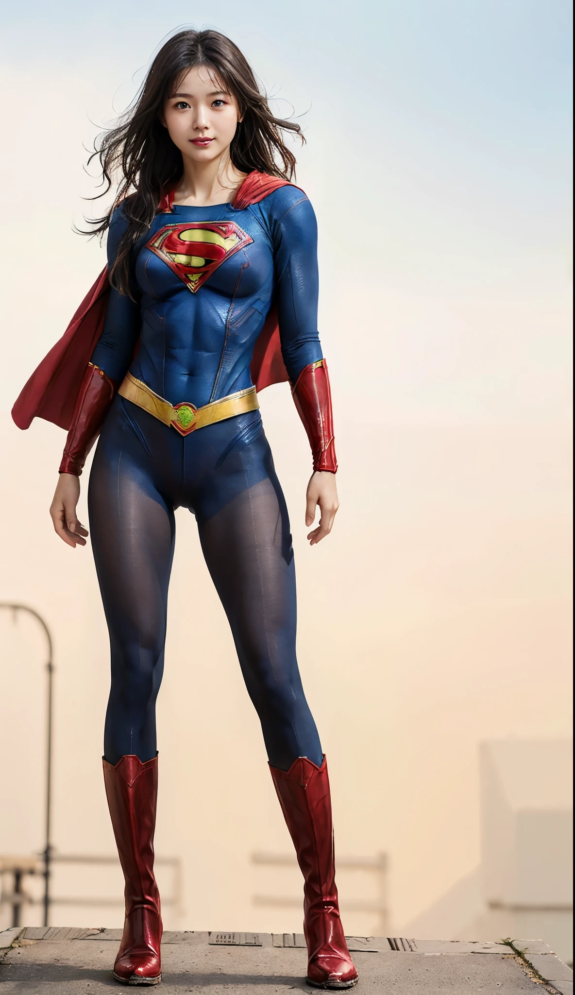 No background、(((Beautiful legs in black tights.)))、(((Legally express the beauty of your smile)))、((((Make the most of your original images)))、(((体にぴったりフィットするSupergirl Costume)))、(((Supergirl Costume)))、(((Beautiful hairstyle)))、(((She is winking cutely.)))、(((Please wear black tights....、Wear red boots)))、((Best image quality、8k))、((highest quality、8k、masterpiece:1.3))、(((Preserve background )))、Sharp focus:1.2、Beautiful woman with perfect figure:1.4、Slim Abs:1.2、Wet body:1.5、Highly detailed face and skin texture、8k