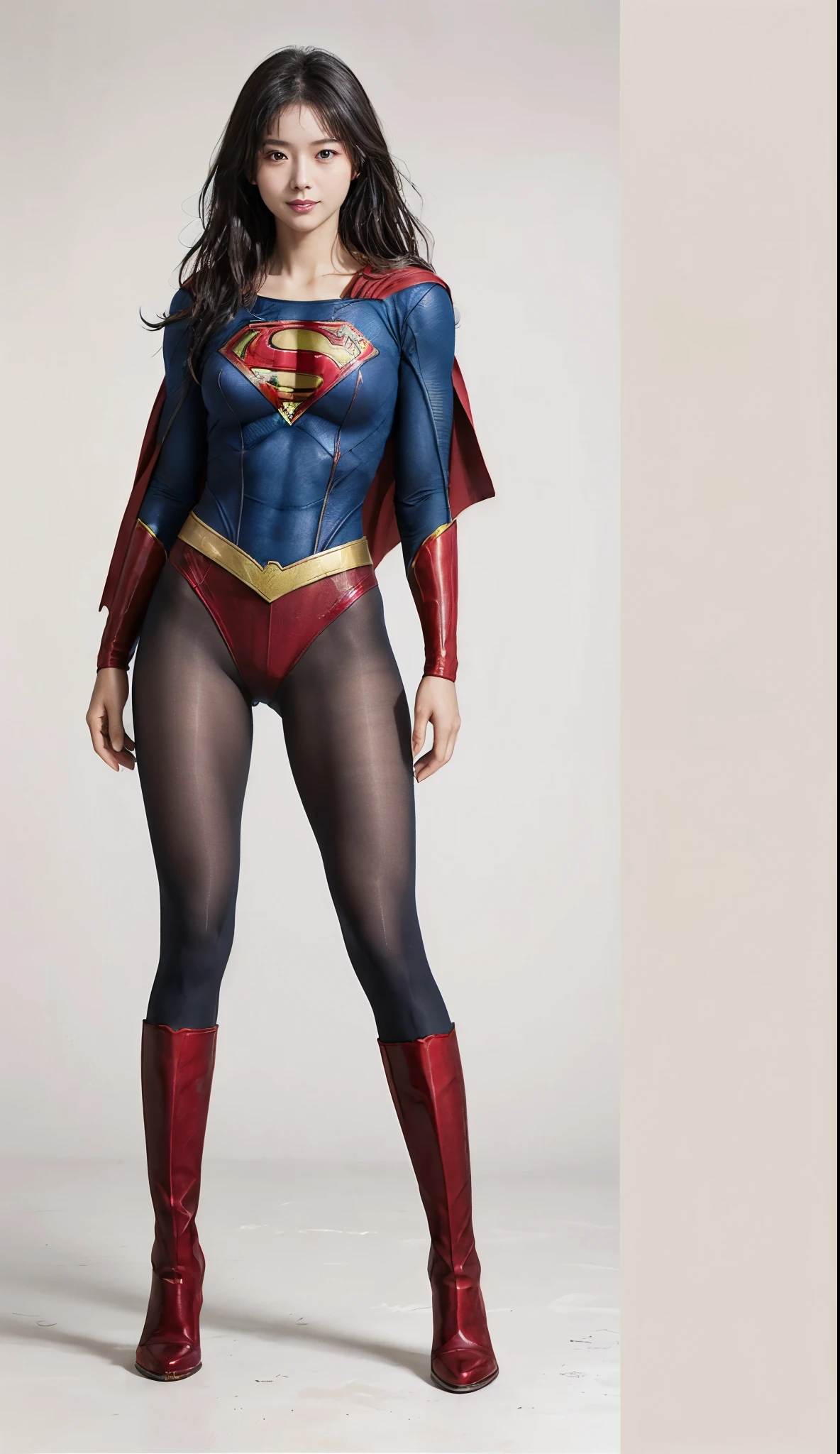 No background、(((Beautiful legs in black tights.)))、(((Legally express the beauty of your smile)))、((((Make the most of your original images)))、(((Supergirl Costume)))、(((Beautiful Hair)))、(((suffering)))、(((Please wear black tights....、Wear red boots)))、((Best image quality、8k))、((highest quality、8k、masterpiece:1.3))、(((Preserve background )))、Sharp focus:1.2、Beautiful woman with perfect figure:1.4、Slim Abs:1.2、Wet body:1.5、Highly detailed face and skin texture、8k