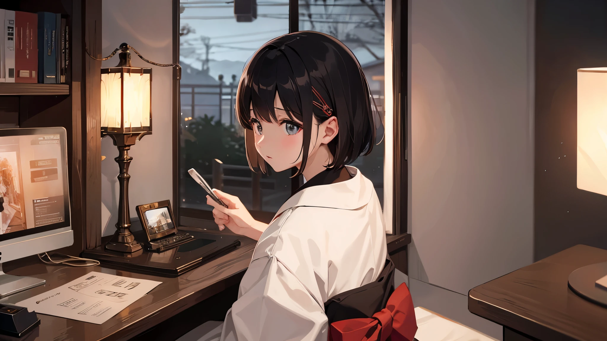(highest quality、8k、32k、masterpiece)、1 girl、Beautiful Japanese Women、From the back、Live Album House、music、After loving the sound、Detailed face、short hair、headphone、Light background、machine、study
