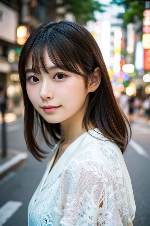 ((Photoreal)), 8K full-length portrait, (Beautiful woman), (Japanese woman), (detailed face), attractive look, Clear system, 18-year-old, Tokyo city, summer, for the background, medium hair, 