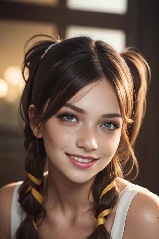 beautiful lady, (freckles), big smile, ruby eyes, pigtails hair, dark makeup, hyperdetailed photography, soft light, head and shoulders portrait, cover