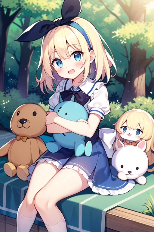 One Girl、(Best quality high resolution)、((Top quality masterpiece:1.2))、Blonde、blue eyes、Blue headband、(Alice in Wonderland)、White shirt、the sleeves are fluffy、Blue Apron、Forest Background、stuffed toyのウサギ、stuffed toy、Embrace、Sit on、Embrace a stuffed animal、Primary school students、、Chiquita、Looking into the camera、Embarrassed look、It is drawn from head to thigh、[[Bad face]], [[Healed finger]]