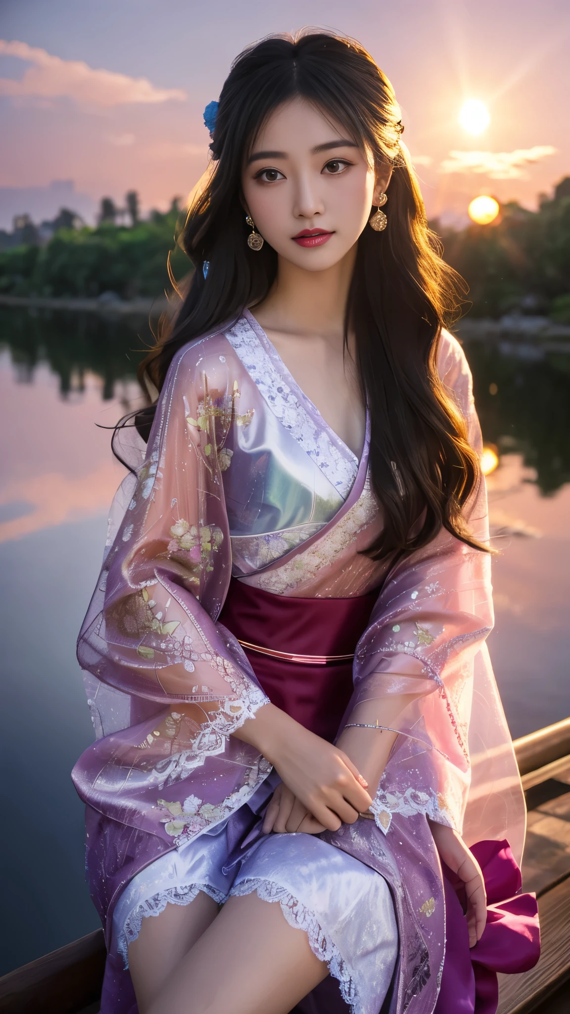 8K, UHD, masterpeiece,best quality, 1 girl, detailed face, detailed eyes, very long hair, long straight hair, small breasts, very detailed dress, kimono costume, magenta costume, ((mesh lace)), sardine, flowing sardine, jwellery, earring, ornaments, flower, evening, lake, water, sunset, depth of field, glowing light, god rays, reflection light, bloom, looking at viewer, sitting,