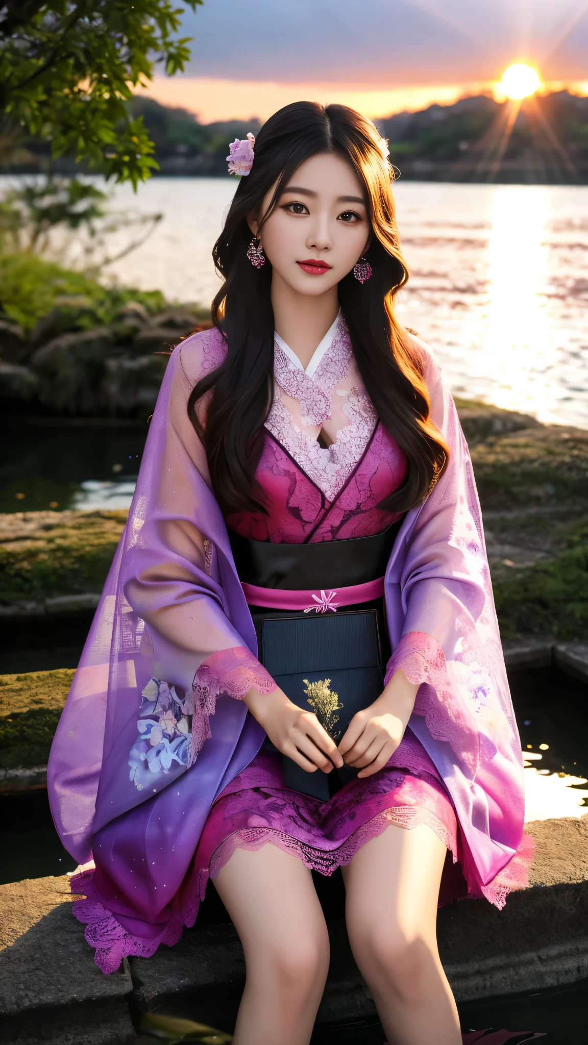 8K, UHD, masterpeiece,best quality, 1 girl, detailed face, detailed eyes, very long hair, long straight hair, small breasts, very detailed dress, kimono costume, magenta costume, ((mesh lace)), sardine, flowing sardine, jwellery, earring, ornaments, flower, evening, lake, water, sunset, depth of field, glowing light, god rays, reflection light, bloom, looking at viewer, sitting,