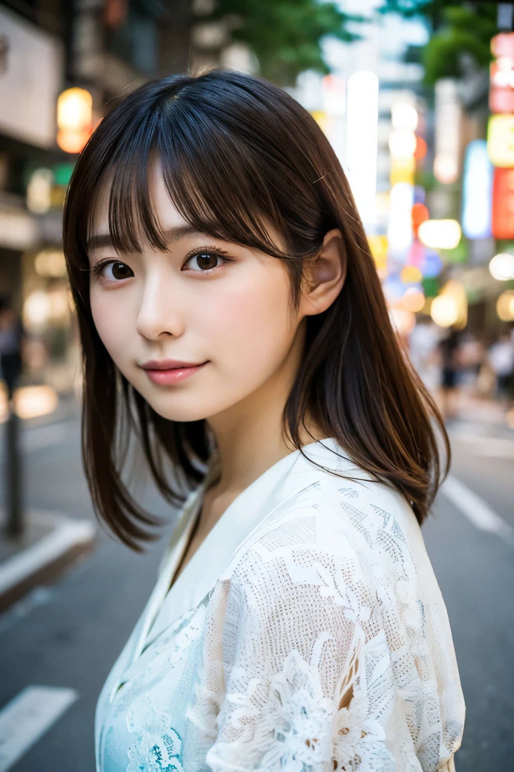 ((Photoreal)), 8K full-length portrait, (Beautiful woman), (Japanese woman), (detailed face), attractive look, Clear system, 18-year-old, Tokyo city, summer, for the background, medium hair, 