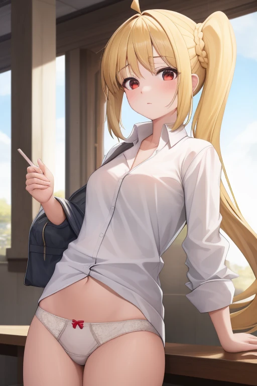 (masterpiece, highest quality:1.2), A girl with blonde hair and red eyes wearing a white shirt, Side Ponytail, Full Bang, Looks confused, School, 
Super detaileded, highest quality, Expressive eyes, Perfect Face, super high quality, Super detailed,nsfw,showing off panties