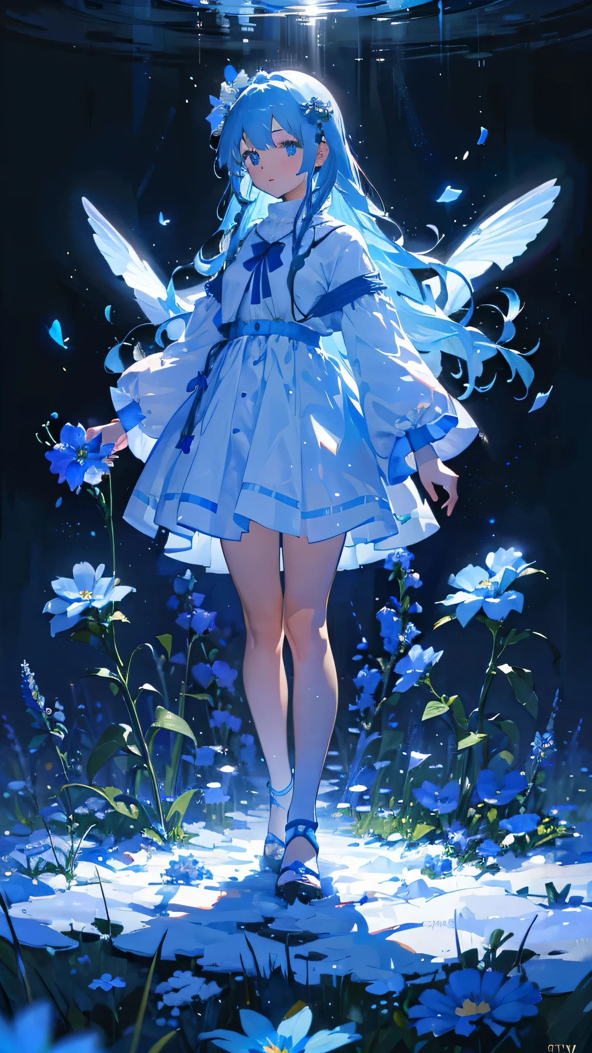 (Absurd, High resolution, Super detailed, 超High resolution, Cinematic), alone, One girl, mature, Happy, girl standing in Light blue flower field, Light blue flower petal surrounding girl, whole body, Girl with blue long hair, Light blue hair, Fantasy, dream-like, the snow&#39;s, Official Art, Pop Art, profile, Super detailed face, Super detailed eyes, Light blue flower field, Super detailed field, white blue sky, cold, Light blue, white,  Nebula in the sky, Blue Tree, watercolor, pastel colour