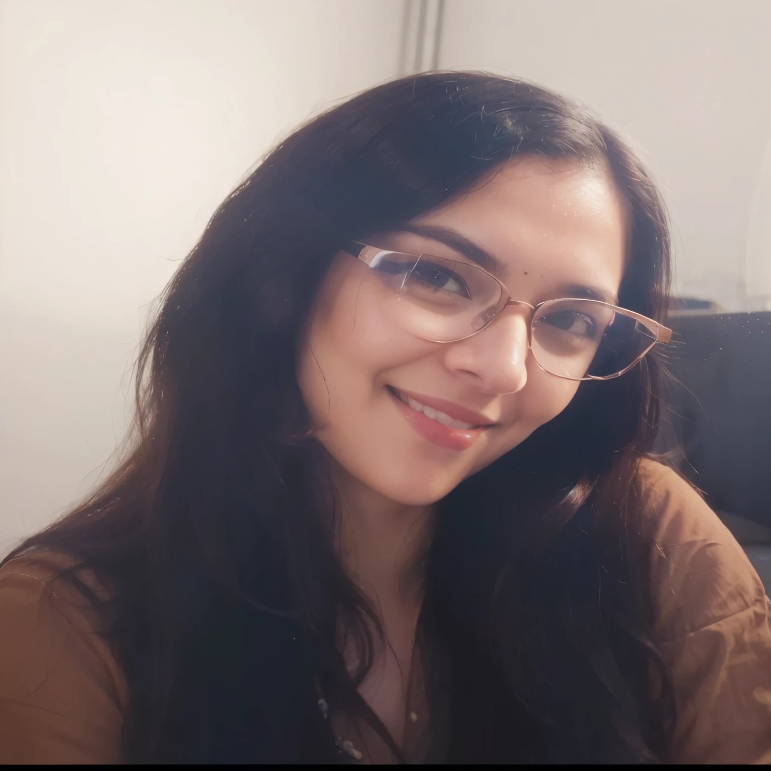 smiling woman with glasses and brown shirt, sentada na cadeira, dayanita singh, imagem de perfil, long wavy black hair and glasses , in the background a futuristic city, high definition image, 8k