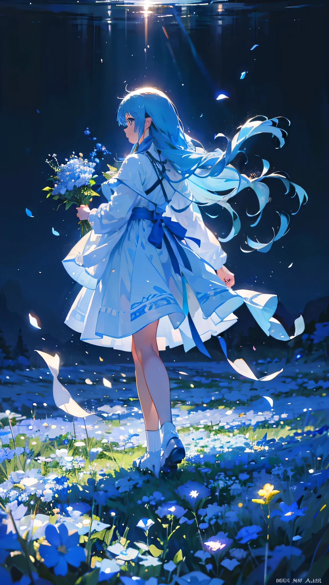 (Absurd, High resolution, Super detailed, 超High resolution, Cinematic), alone, One girl, mature, Happy, girl standing in Light blue flower field, Light blue flower petal surrounding girl, whole body, Girl with blue long hair, Light blue hair, Fantasy, dream-like, the snow's, Official Art, Pop Art, profile, Super detailed face, Super detailed eyes, Light blue flower field, Super detailed field, white blue sky, cold, Light blue, white, Nebula in the sky, Blue Tree, watercolor, pastel colour