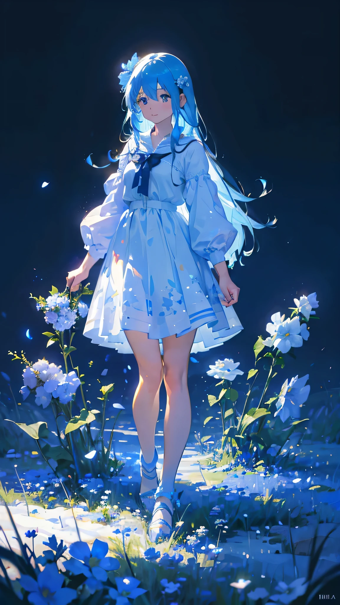 (Absurd, High resolution, Super detailed, 超High resolution, Cinematic), alone, One girl, mature, Happy, girl standing in Light blue flower field, Light blue flower petal surrounding girl, whole body, Girl with blue long hair, Light blue hair, Fantasy, dream-like, the snow's, Official Art, Pop Art, profile, Super detailed face, Super detailed eyes, Light blue flower field, Super detailed field, white blue sky, cold, Light blue, white, Nebula in the sky, Blue Tree, watercolor, pastel colour
