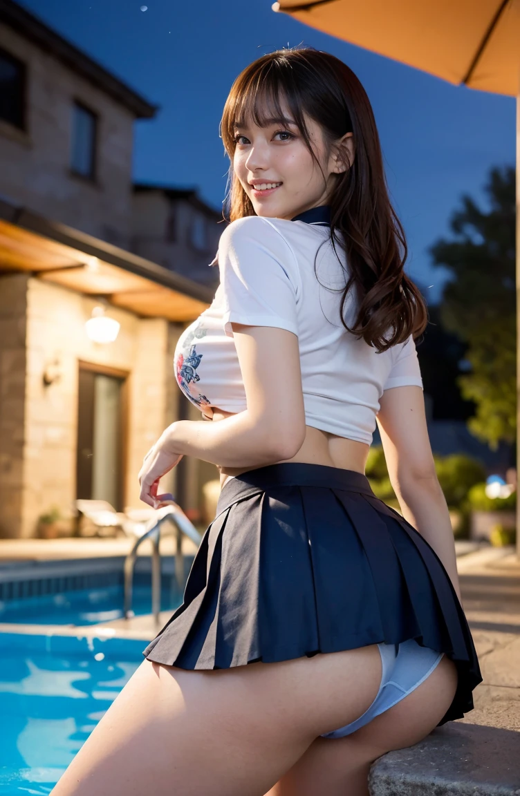 (((neat woman,(from below),(from below),Bright-eyed excitement,((kind big smile)),blush,red cheek,please touch me,eat me,tempting viewer, prisoner of love,i want you))),((from below,looking down,sitting down,i can see your panties and underboob)),((((blush,red cheek)))),(cinematic lighting), (Photo real:1.4)、(A hyper-realistic:1.4)、(Photorealistic:1.3)、 (gentle lighting: 1.05)、(Improve the lighting quality of your video:0.9)、 32k、25years old woman、photorealistic lighting、Back lighting、Facial Lights、Ray Trace、(bright:1.2)、(Increase quality:1.4)、 (best quality real texture skin)、Fair eyes,delicate face、 Close-up of the face,  (((Wearing the printed high-neck t-shirt,(no printed pleated navy skirt),high-heel))),(Bodyline mood improvement:1.1)、Glossy skin、good figure,perfect anatomy,Beautiful actress,(((beautiful huge breasts,underboob,underboob,slender waist,slender hip,long slender legs,8heads tall))),(((8heads tall))),(((light brown wavy hair,curtain bangs))),(((sweat skin,shiny skin,in the beautiful modern night pool,super clean night view,in the night))),