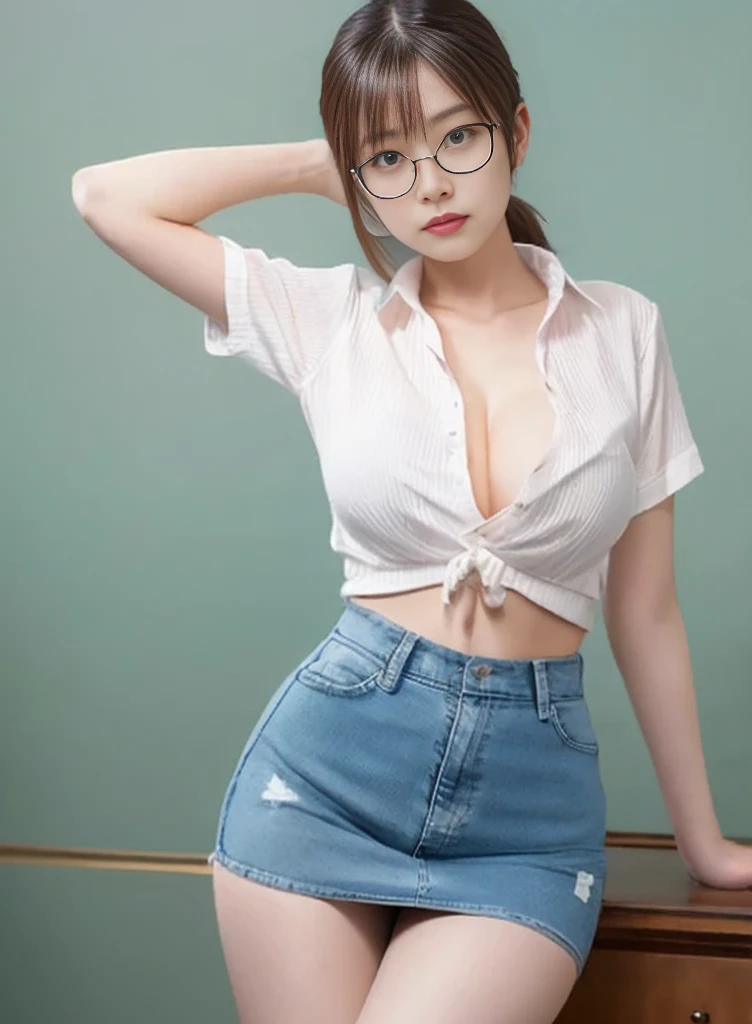 Japanese woman, 8k, masterpiece, highest quality, Super detailed, textured skin, 1girl, solo, sexy pose, short ponytail, low ponytail, bangs, red-framed glasses, denim skirt, simple background, lifting her skirt to show her panties,