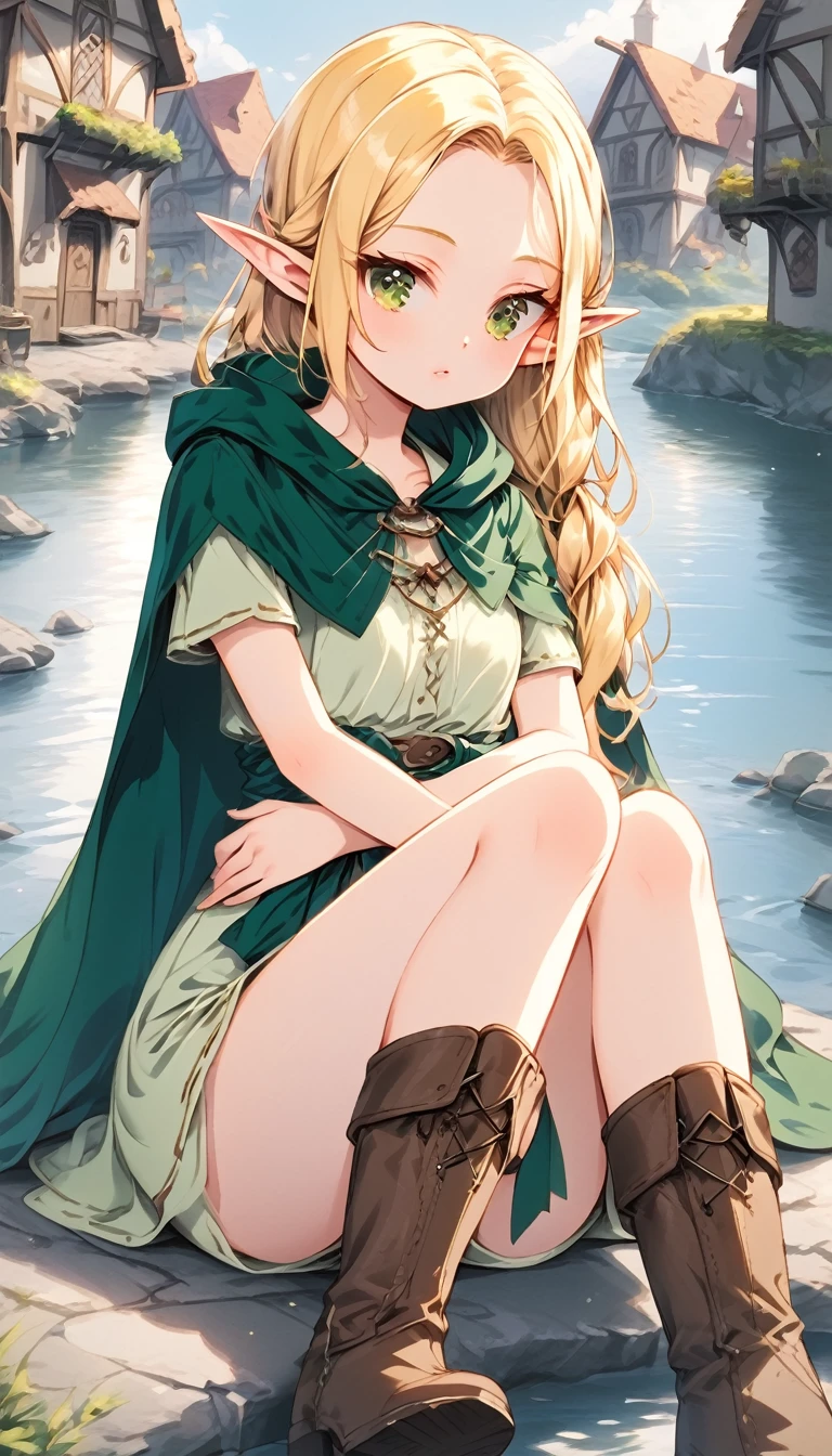 1girl, elf, blonde, long hair, forehead, pointed ears, green eyes, slender, small breast, yellow- green tunic, string tied around waist, green cloak draped around shoulder, soft boots, short sleeves, fantasy, village, sitting by the river,