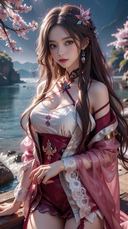 8K, Ultra high quality, masterpiece, HD color, 1 girl, Perfect face, very long curly hair, delicate eyes, Simple clothes, ((Magenta clothing)), Socks, ((Crisscross lace)), sardine, Shoulder Straps, Netsuit, ((Long loop)), jewelry, Waterside, Realistic scenery, Epic Landscapes, Sun rise, night, cloud, Butterfly, Cherry blossoms, Blowing, perfect posture,
